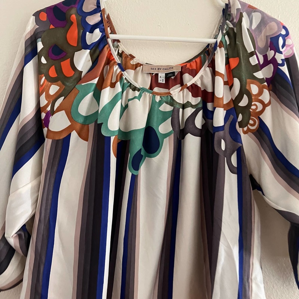 SEE BY CHLOE Twill Silk Patterned Scoop Neck Tunic Blouse Size 6 - Picture 2 of 6